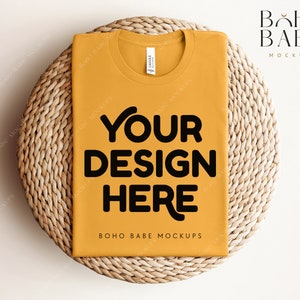 MUSTARD Bella Canvas 3001 Folded Mockup, Boho Flat Lay Tshirt Mock-up, Bella and Canvas Folded T-shirt Flatlay Mockup, POD Tee Photo