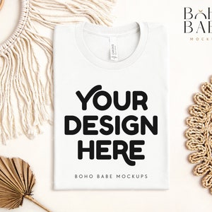 WHITE Bella Canvas 3001 Folded Mockup, Boho Flat Lay Tshirt Mock-up, Bella and Canvas Folded T-shirt Flatlay Mockup, POD Tee Photo