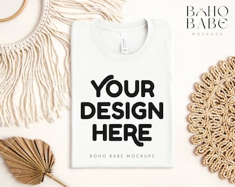 WHITE Bella Canvas 3001 gefaltetes Mockup, Boho Flat Lay Tshirt Mock-up, Bella und Canvas gefaltetes T-Shirt Flatlay Mockup, POD Tee Foto