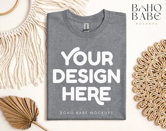 GRAPHITE HEATHER Gildan 5000 Mockup, Gildan 5000 Folded Tshirt Mock ups, Boho Flat Lay shirt Mock, Gildan Heavy Cotton Folded Shirt Flatlay
