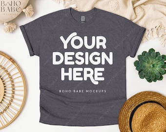 Gildan 5000 TWEED Mockup, Gildan 5000 Flat Lay Tshirt Mock ups, Boho Flat Lay Shirt Mock, Gildan Heavy Cotton Unisex Tee Flatlay