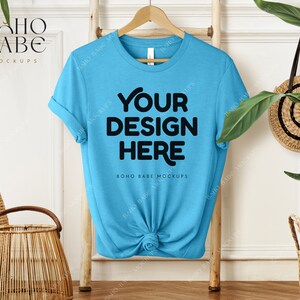 HEATHER AQUA Bella Canvas 3001 Mockup, 3001 cvc Heather Aqua Blue Mock-up, Boho Hanging Tshirt Mockup, Bella and Canvas Flatlay