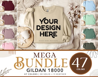 Gildan 18000 Mockup Bundle | G180 Boho Folded Sweatshirt Mockup, Real Crewneck Christmas Flatlay Photo
