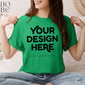 IRISH GREEN Gildan 64000 Model Mockup, Boho Lifestyle Woman Mock-up, Softstyle Tshirt Female Model Mock, POD Real Product Tee Photo Template