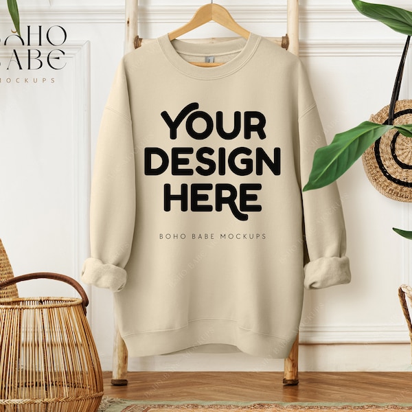 Gildan 18000 Sand Sweatshirt Mockup | Hanging Gildan Sweater Mock-up, Boho Sweatshirt on Hanger, Crewneck Pullover Mock ups, POD Boho styled