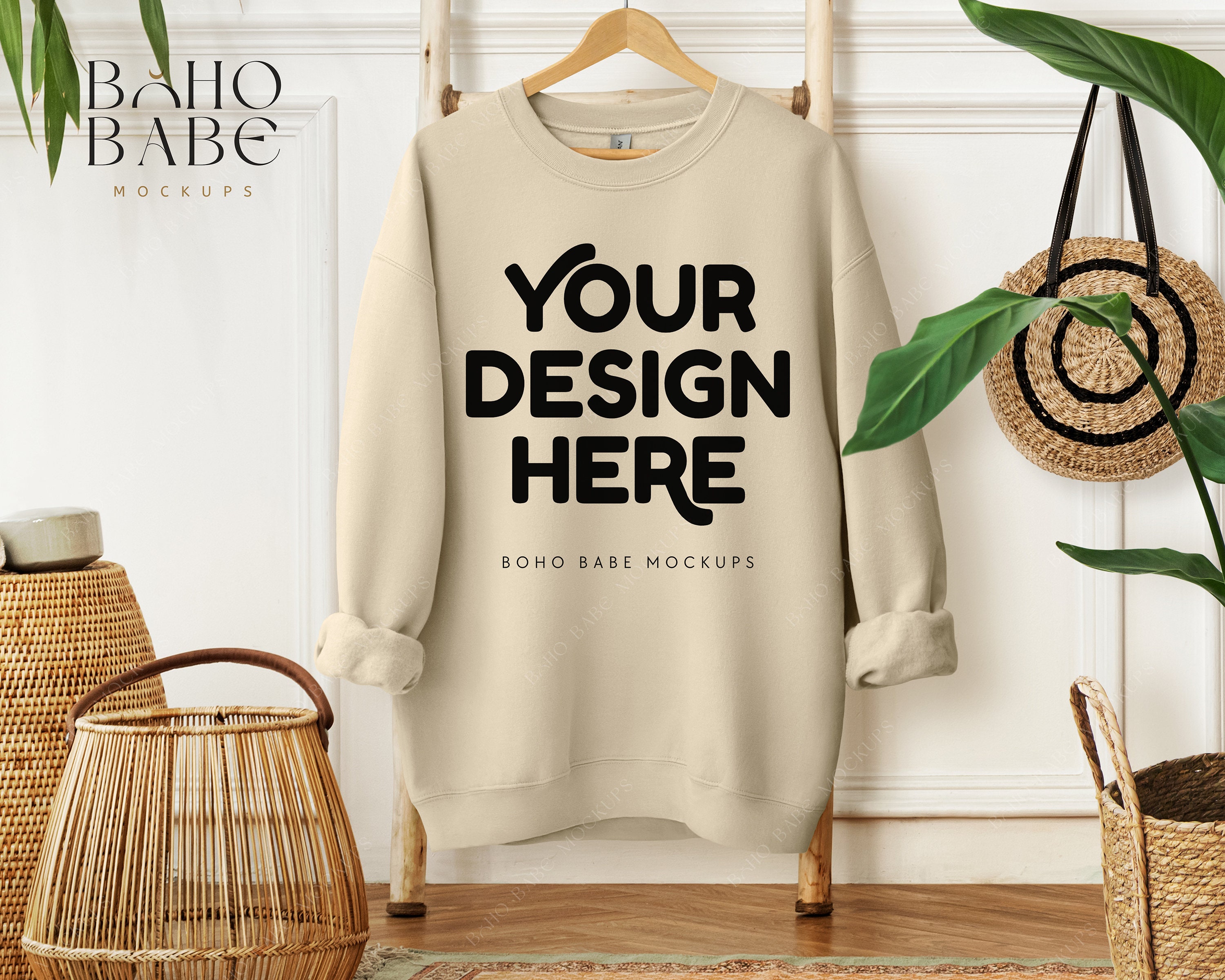 Gildan 18000 Sand Sweatshirt Mockup | Hanging Gildan Sweater Mock-up, Boho Sweatshirt on Hanger, Crewneck Pullover Mock ups, POD Boho styled