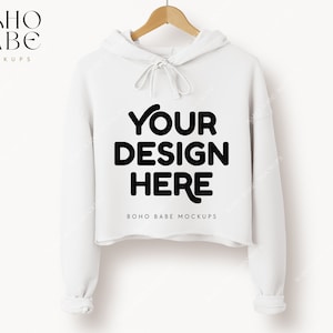 7502 WHITE Cropped Hoodie Mockup, Bella Canvas 7502 Mockup, Women&#39;s Cropped Fleece Hoodie, POD Boho Minimalistic Simple Mocks