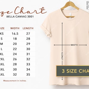 Tabla de tallas Bella Canvas 3001 / 3 Camiseta unisex Tablas de tallas Pulgadas y centímetros, Camiseta colgante Tabla de tallas Tallas métricas Medidas POD