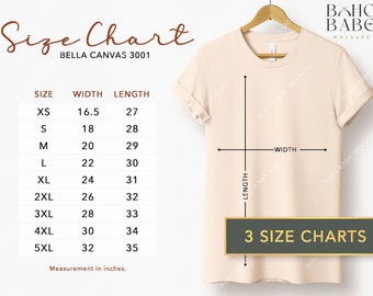 Size Chart Bella Canvas 3001 | 3 Unisex T-shirt Size Charts Inches and Centimeters, Hanging Shirt Size Chart Metric Sizing Measurements POD