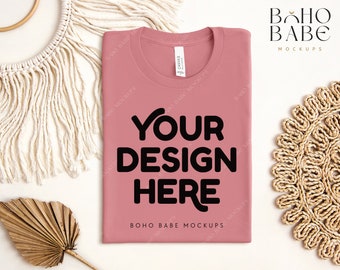 MAUVE Bella Canvas 3001 Folded Mockup, Boho Flat Lay Tshirt Mock-up, Bella and Canvas Folded T-shirt Flatlay Mockup, POD Tee Photo