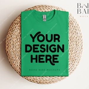 Gildan 64000 Mockup IRISH GREEN | Gildan Softstyle T-shirt Mock up, Boho Folded Shirt Flat Lay, Real Photography Mockups POD Template Photo