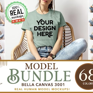Bella Canvas 3001 mock-upbundel | Mockups van echt menselijk vrouwelijk model, boho-t-shirt vrouw mock-ups, digitaal T-shirt plat lag POD, Svg-ontwerp