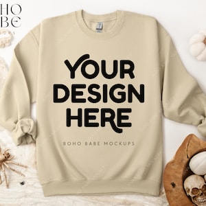 SAND Gildan 18000 Halloween Mockup | Gildan Sweatshirt Flay Lay, G18000 Crewneck Fall Flatlay, POD Pullover Boho Styled Folded Mock-up