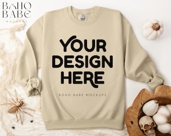 SAND Gildan 18000 Halloween Mockup | Gildan Sweatshirt Flay Lay, G18000 Crewneck Fall Flatlay, POD Pullover Boho Styled Folded Mock-up