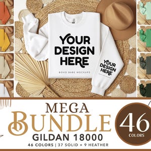 Gildan 18000 Sleeve Mockup Bundle | Left Sleeve Folded Real Sweatshirt Mockup, Pocket Design Mockup, Crewneck Sweater Mock, POD Boho Flatlay