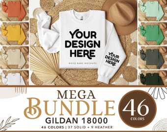 Gildan 18000 Sleeve Mockup Bundle | Lewy rękaw złożony prawdziwy makiet bluzy, makiet projektu kieszeni, makiet swetra z okrągłym dekoltem, POD Boho Flatlay