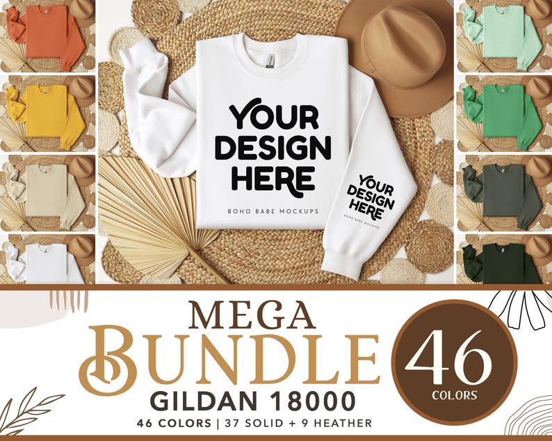 May include: A mockup of a white Gildan 18000 sweatshirt with the text "Your Design Here" on the front. The sweatshirt is laid flat on a woven straw mat with a palm leaf fan and a brown fedora hat. The text "Mega Bundle 46 Colors" is displayed below the sweatshirt.