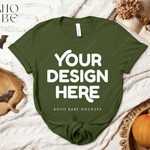 Fall Mockup | OLIVE Bella Canvas 3001 Mockup, Halloween T-shirt Mock up, Autumn Flat Lay Mock, POD Tee Shirt svg, BC3001 Halloween