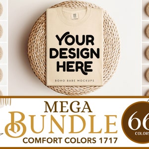 Comfort Colors 1717 Mockup Bundle | CC1717 Boho Folded Flatlay Tshirt Mockups, Unisex Shirt on Round Placemat, POD Real Photo Template svg