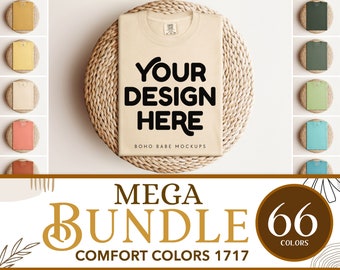 Comfort Colors 1717 Mockup Bundle | CC1717 Boho Folded Flatlay Tshirt Mockups, Unisex Shirt on Round Placemat, POD Real Photo Template svg