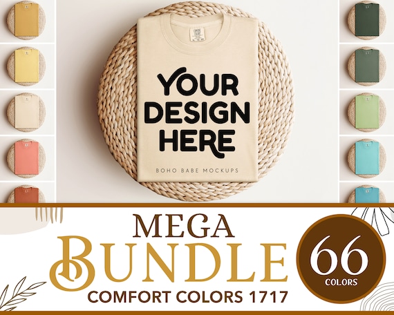 Comfort Colors 1717 Mockup Bundle | CC1717 Boho Folded Flatlay Tshirt Mockups, Unisex Shirt on Round Placemat, POD Real Photo Template svg