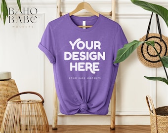 HEATHER TEAM PURPLE Bella Canvas 3001 Mockup, 3001 cvc Heather Team Purple Mock-up, Boho Hanging Tshirt Mockup, Bella and Canvas Flatlay