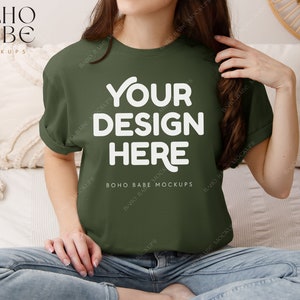 MILITARY GREEN Gildan 64000 Model Mockup, Boho Lifestyle Woman Mock-up, Softstyle Tshirt Female Model Mock, POD Real Product, Photo Template