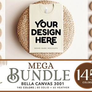 May include: A mockup of a Bella Canvas 3001 t-shirt in a light beige color. The t-shirt is laying flat on a woven straw mat. The text "YOUR DESIGN HERE" is printed on the t-shirt. The text "BOHO BABE MOCKUPS" is printed below the design. The image is part of a larger set of 145 color mockups.