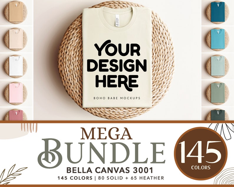 May include: A mockup of a Bella Canvas 3001 t-shirt in a light beige color. The t-shirt is laying flat on a woven straw mat. The text "YOUR DESIGN HERE" is printed on the t-shirt. The text "BOHO BABE MOCKUPS" is printed below the design. The image is part of a larger set of 145 color mockups.