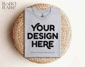 SPORT GREY Gildan 5000 Mockup, Gildan 5000 Folded Tshirt Mock ups, Boho Flat Lay Mockup, Gildan Heavy Cotton Folded Shirt Flatlay