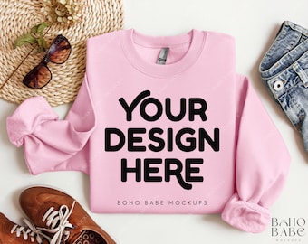 Gildan 18000 Mockup Folded - Light Pink | Boho Flat Lay Mockup, Gildan Folded Sweatshirt Mockup, Pullover Mock up, Gildan Crewneck 18000