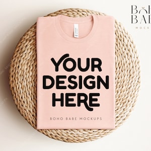 HEATHER PEACH Bella Canvas 3001 cvc Folded Mockup, Boho Flat Lay Tshirt Mock-up, Bella Canvas Folded Flatlay Mockup, Pod peach shirt Mockup