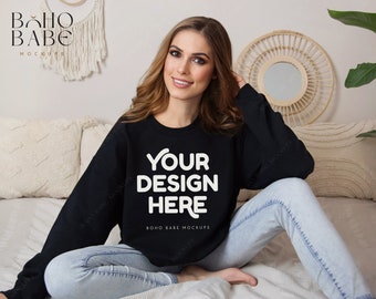 Gildan 18000 Black Sweatshirt | Gildan Crewneck Mockup | Model Mockup | Boho Sweater Mockup | Oversized Crewneck Mockup | Black Gildan Mock