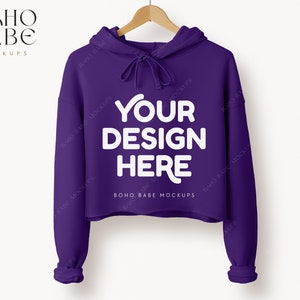7502 TEAM PURPLE Cropped Hoodie Mockup, Bella Canvas 7502 Mockup, Women&#39;s Cropped Fleece Hoodie, POD Boho Minimalistic Simple Mocks