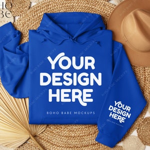 May include: A royal blue hoodie with a white drawstring and white text that says "Your Design Here" and "Boho Babe Mockups".
