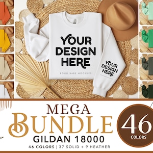 May include: A mockup of a white Gildan 18000 sweatshirt with the text "Your Design Here" on the front. The sweatshirt is laid out on a woven straw mat with a brown hat and a palm leaf fan. The text "Mega Bundle 46 Colors" is displayed below the sweatshirt.