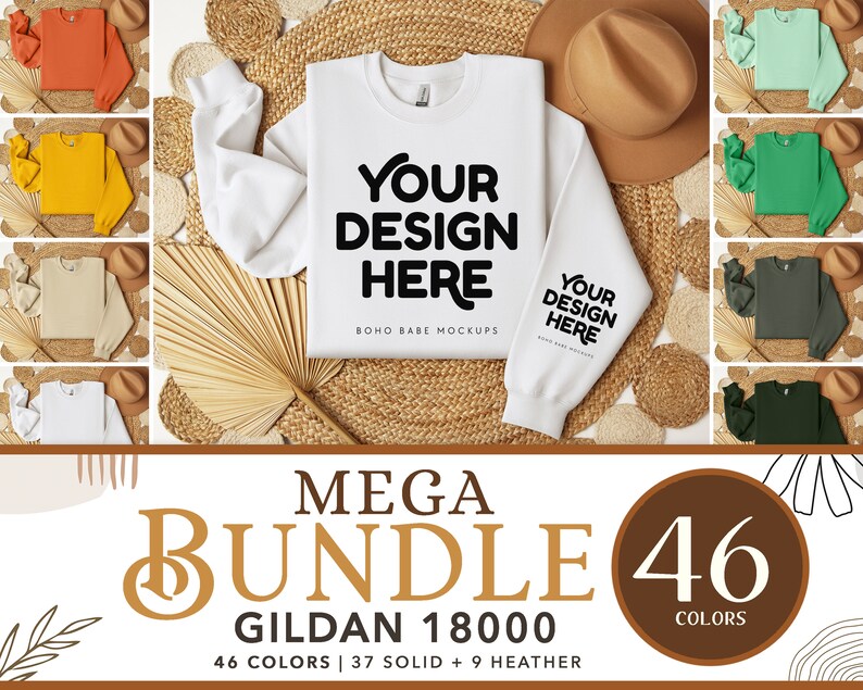 May include: A mockup of a white Gildan 18000 sweatshirt with the text "Your Design Here" on the front. The sweatshirt is laid out on a woven straw mat with a brown hat and a palm leaf fan. The text "Mega Bundle 46 Colors" is displayed below the sweatshirt.