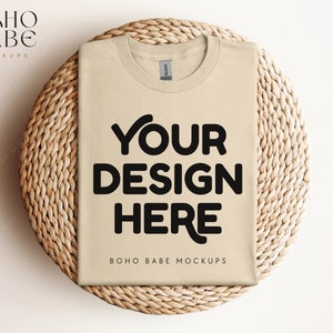 SAND Gildan 5000 Mockup, Gildan 5000 Folded Tshirt Mock ups, Boho Flat Lay shirt Mockup, Gildan Heavy Cotton Folded Shirt Flatlay