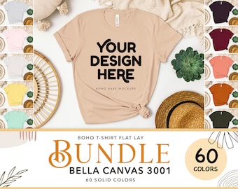 Paquete de maquetas Bella Canvas 3001: maquetas de camisetas Bella and Canvas en 60 colores, maquetas de camisetas bohemias con diseño plano, maquetas digitales de camisetas con diseño plano SVG POD