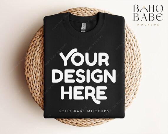 Gildan 18000 Sweatshirt Mockup - Black | Gildan Flat Lay Mockup, Folded Crewneck Boho Mockup, Pullover Gildan Crewneck, POD template