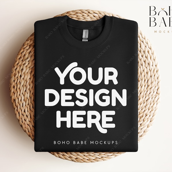 Gildan 18000 Sweatshirt Mockup - Black | Gildan Flat Lay Mockup, Folded Crewneck Boho Mockup, Pullover Gildan Crewneck, POD template