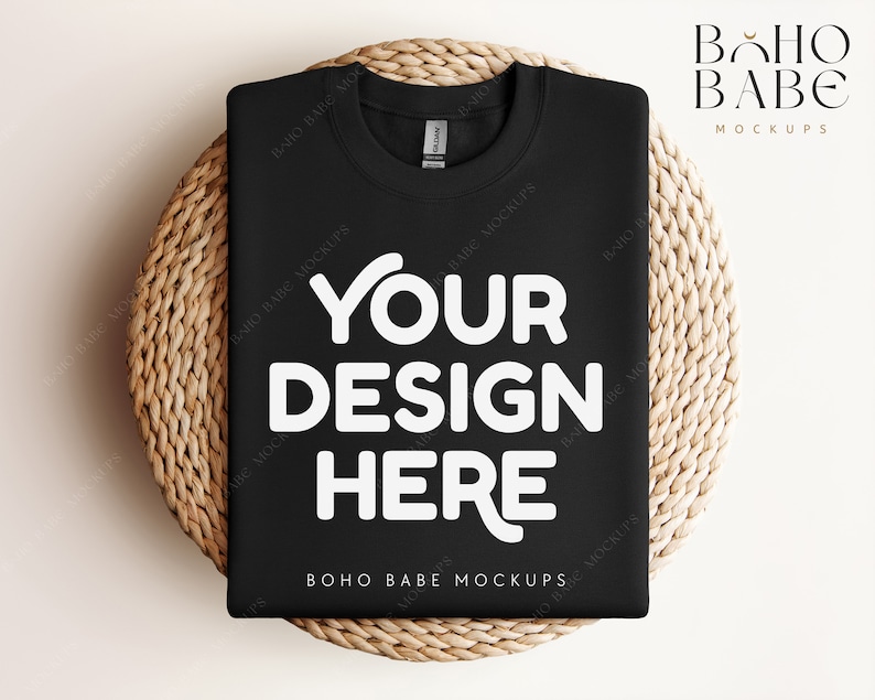 May include: Black t-shirt mockup with the text "YOUR DESIGN HERE" in white on a woven straw mat. The text "BOHO BABE MOCKUPS" is also visible on the shirt.