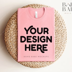 PINK Bella Canvas 3001 Folded Mockup, Boho Flat Lay Tshirt Mock-up, Bella and Canvas Folded T-shirt Flatlay Mockup, POD Tee Photo