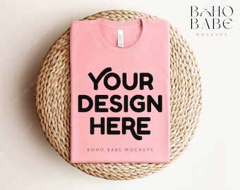 PINK Bella Canvas 3001 Folded Mockup, Boho Flat Lay Tshirt Mock-up, Bella and Canvas Folded T-shirt Flatlay Mockup, POD Tee Photo