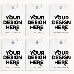 Peut inclure: Six t-shirts blancs avec le texte "YOUR DESIGN HERE" et "BOHO BABE MOCKUPS" imprim&eacute; dessus.