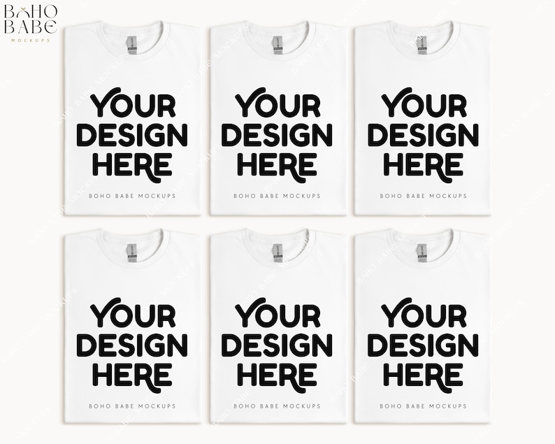 Peut inclure: Six t-shirts blancs avec le texte "YOUR DESIGN HERE" et "BOHO BABE MOCKUPS" imprim&eacute; dessus.