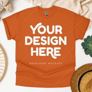 Gildan 5000 TEXAS ORANGE Mockup, Gildan 5000 Flat Lay Tshirt Mock ups, Boho Flat Lay Shirt Mock, Gildan Heavy Cotton Unisex Tee Flatlay
