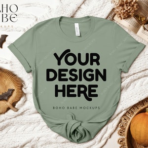 Fall Mockup | SAGE Bella Canvas 3001 Mockup, Halloween T-shirt Mock up, Autumn Flat Lay Mock, POD Tee Shirt svg, BC3001 Halloween
