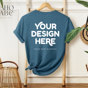 HEATHER DEEP TEAL Bella Canvas 3001 Back Mockup, 3001 cvc Deep Teal Mock-up, Boho Hanging Tshirt Mock, Bella and Canvas Back of Shirt mockup