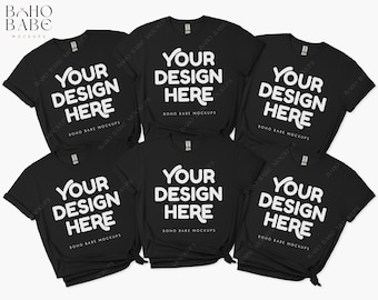 EVJF, maquette de groupe Gildan 64000 noir, photo réelle, t-shirt de mariée demoiselle d'honneur Flatlay famille groupe anniversaire t-shirt multiple